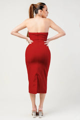 Thick Stretch Woven Sweetheart Neck Tube Midi Dress With Pocket Flap