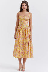 Tatiana Yellow Floral Print Midi Dress