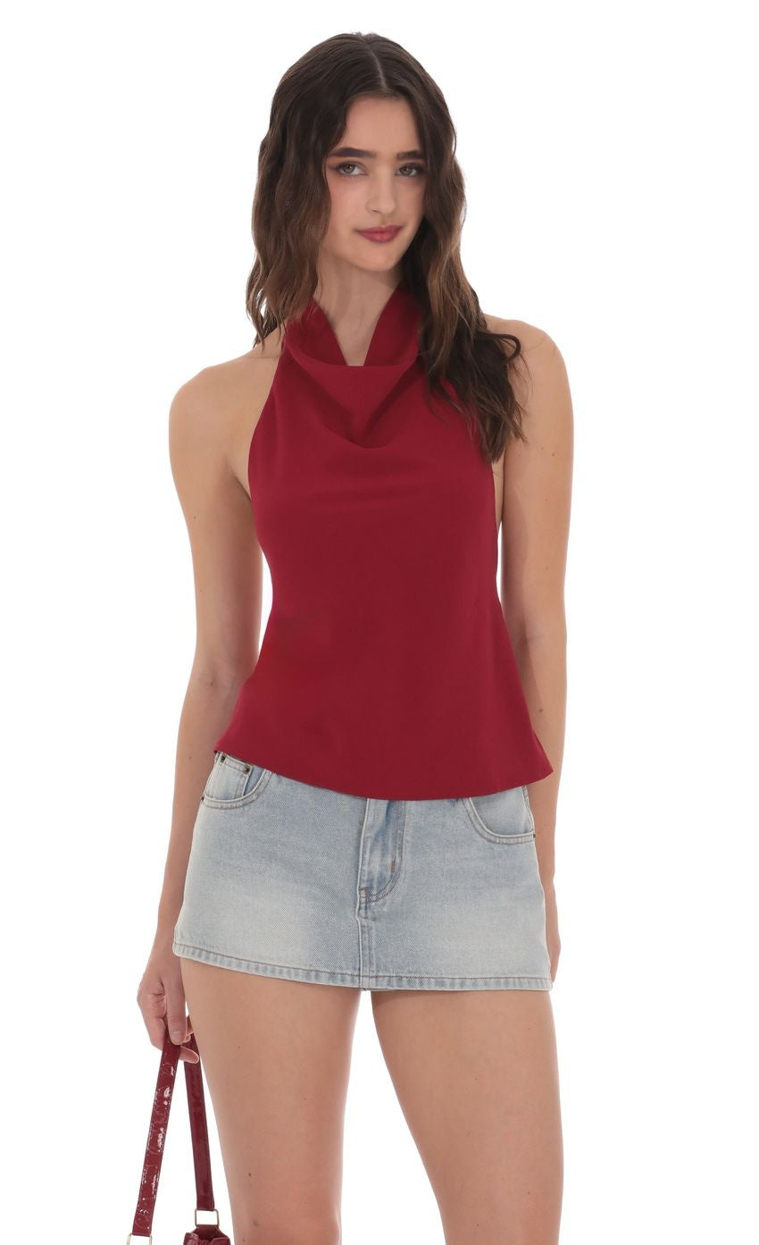 Mock Neck Halter Top in Red