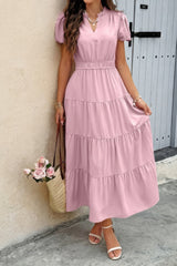 Solid V Neck Color Block Elastic Waist Dress