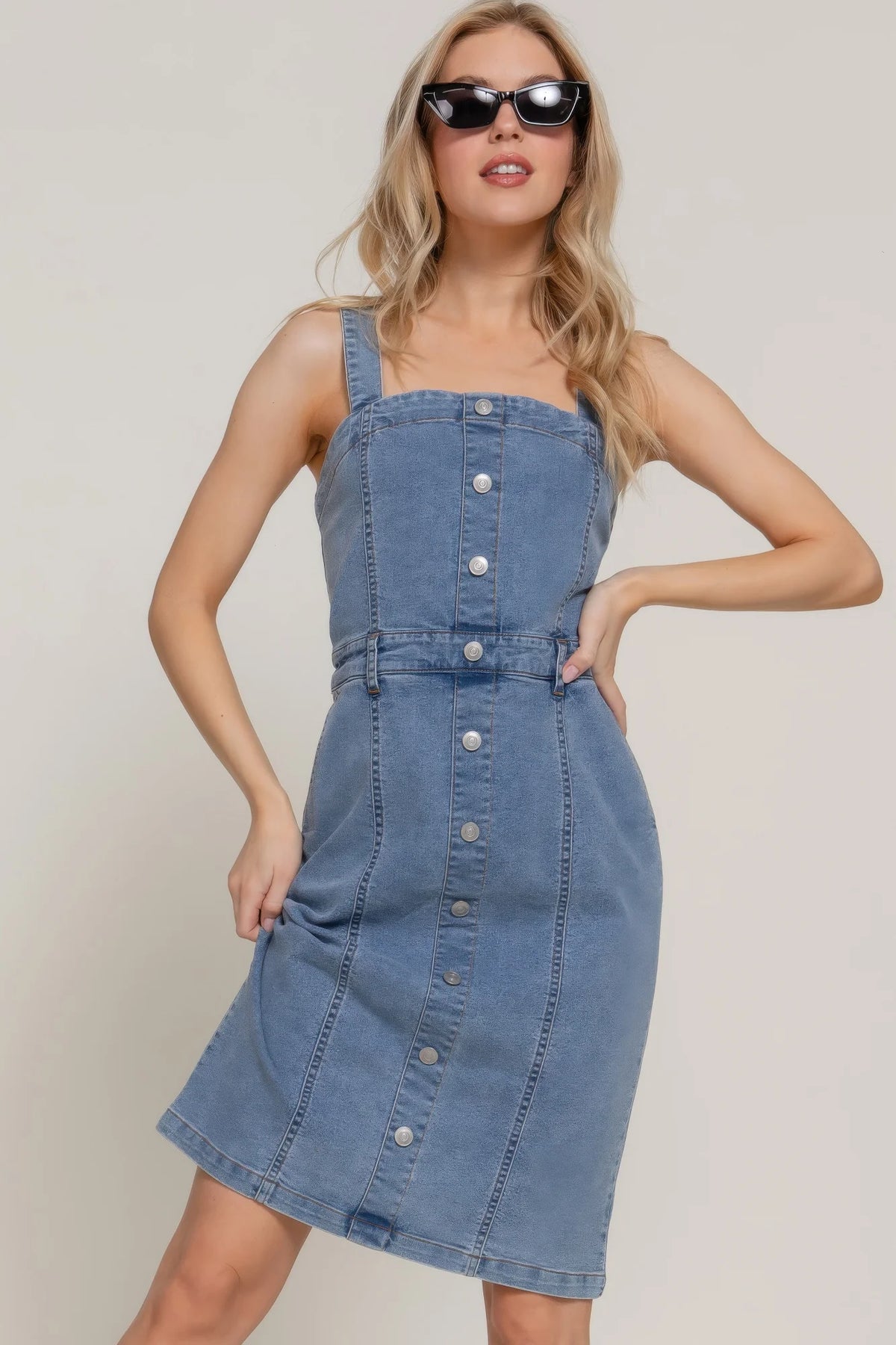 Button Down Placket Stretch Denim Dress