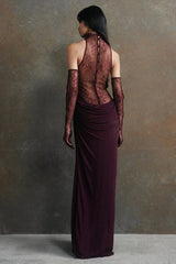 Evelyn Plunging Cowl Lace Bodice Maxi Dress