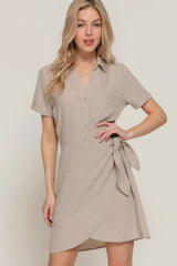 Button Down Side Bow Linen Effect Mini Dress