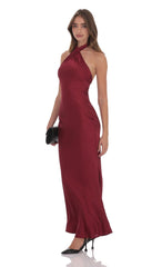 Satin Cross Halter Maxi Dress in Wine