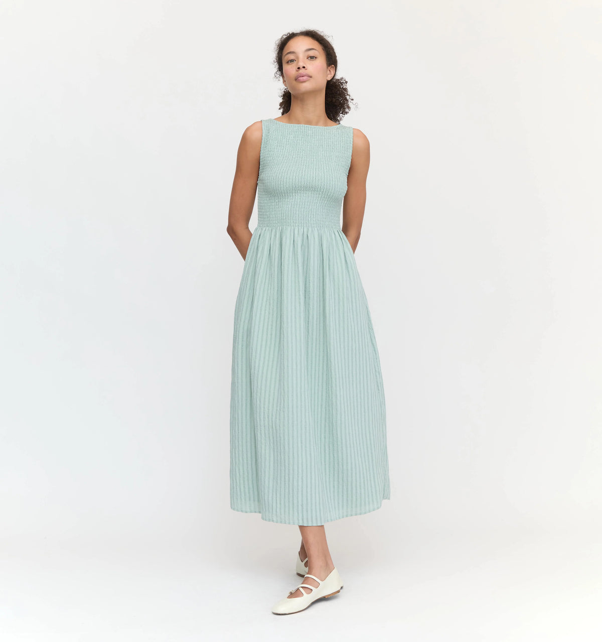 Couturebud The Cosima Nap Dress - Sage Green Tonal Seersucker