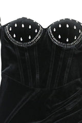 Black Velvet Rhinestone Strapless Boned Corset High Slit Sexy Maxi Party Dress