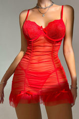 Sexy Red Lace Mesh Slip Thong 2 Pc Set