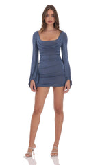Ruched Cowl Neck Dress in Denim Blue