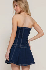 Strapless Stretch Denim Mini Pleats Dress