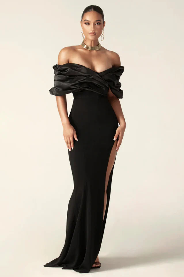 Presley Crepe Ruffle Shoulder Gown Dress