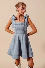 SO ME A Line Fit and Flare Diamond Bow Ribbon Denim Dres