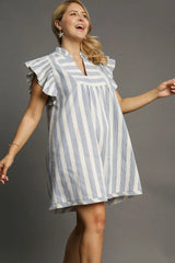 Umgee Full Size Striped Notched Ruffled Cap Sleeve Mini Dress Plus Size