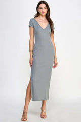 Double V-neck Ribbed Maxi Dress