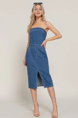 Stretch Denim Slit Tube Dress