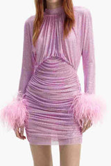 Long Sleeve Embellished Ruched Dress