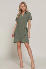 Button Down Side Bow Linen Effect Mini Dress