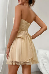 Off Shoulder Ruched Knot Zipper Pleated Short Dress