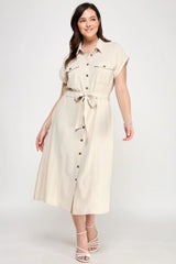 Front Tied Buttoned Short Sleeve Dress