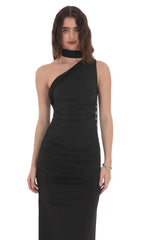 One Shoulder Scarf Wrap Maxi Dress in Black