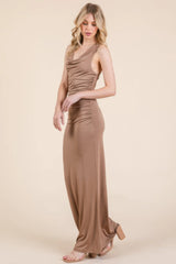 Cowl Neck Cross Back Shirring Maxi Dress