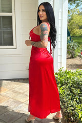 Red Stretchy Satin Lace Sexy High Slit Maxi Party Dress
