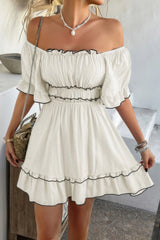 Off Shoulder Square Neck Ruffle Trim Short Dress