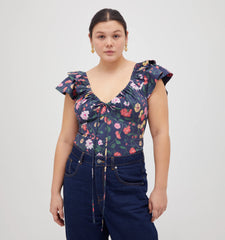Couturebud The Zuri Top - Navy Peony Bouquet Cotton Sateen