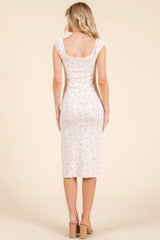 Cap Sleeve Shirred Printed Midi Dress W/ Side Slit