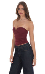 V-Strapless Ruched Top in Maroon