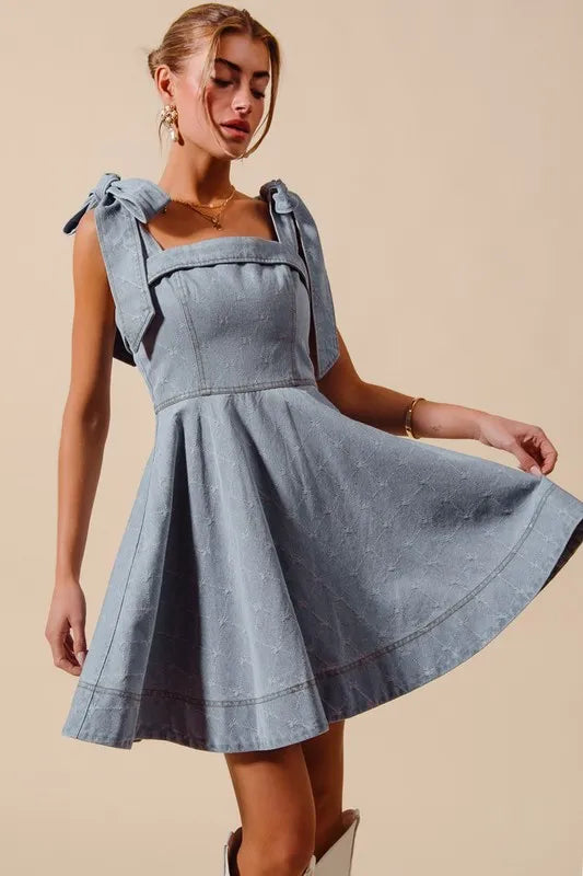 SO ME A Line Fit and Flare Diamond Bow Ribbon Denim Dres