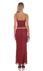 Gold Thread Lace Maxi Skirt in Wine Red