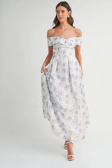 MABLE Floral Printed Off Shoulder Maxi Dress
