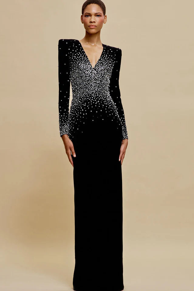 V-Neck Pearl Embellished Gown