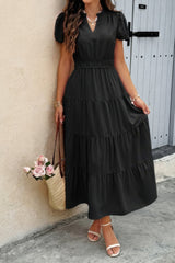 Solid V Neck Color Block Elastic Waist Dress