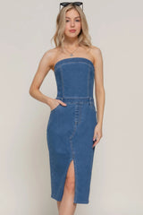 Stretch Denim Slit Tube Dress