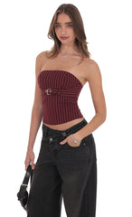Burgundy Pinstripe Strapless Buckle Top