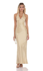 Satin Lace Trim Maxi Dress in Champagne