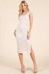 Cap Sleeve Shirred Printed Midi Dress W/ Side Slit