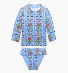 Couturebud The Tiny Ariel Rashguard Set - Blue Floral Block Stripe
