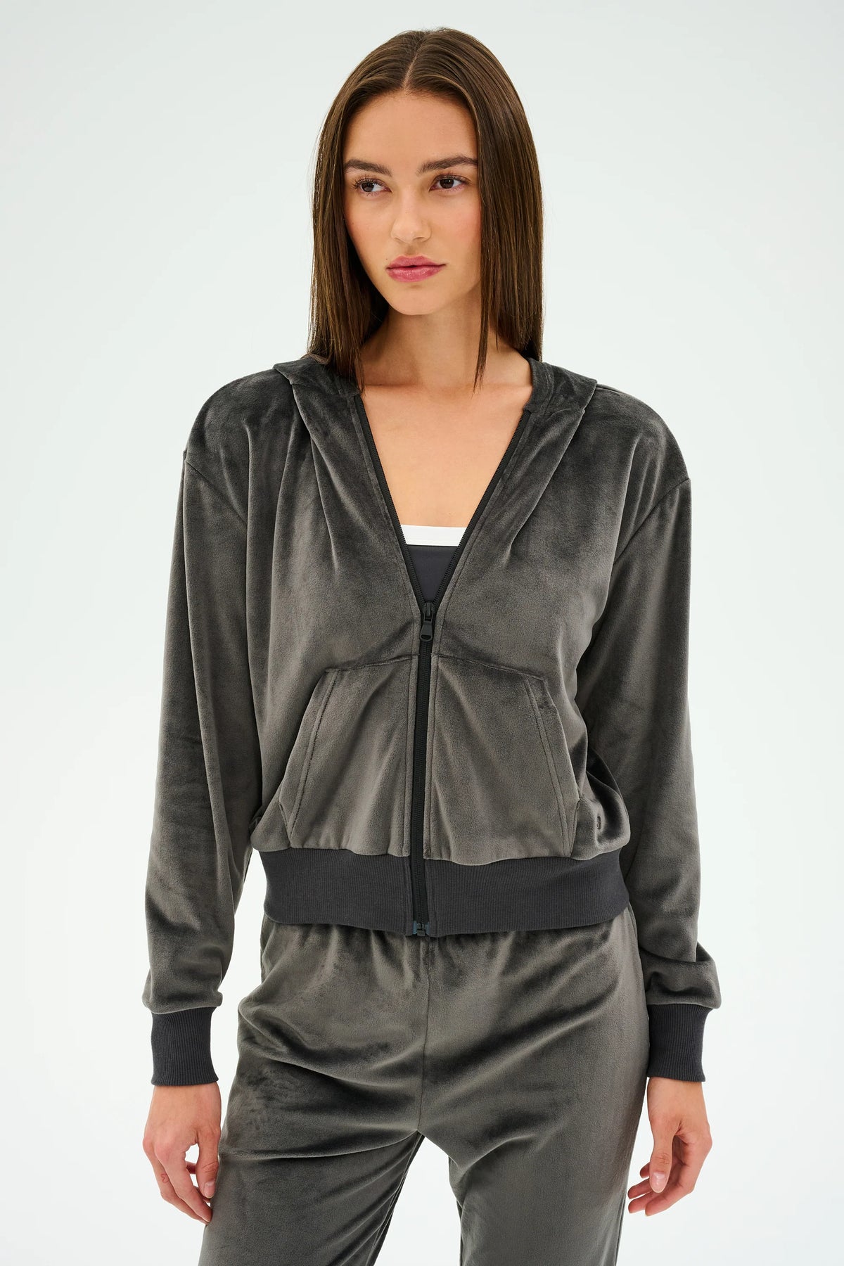 Rhys Velour Zip Up Hoodie - Graphite
