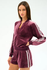 Heritage Velour Bomber - Dark Cherry/White